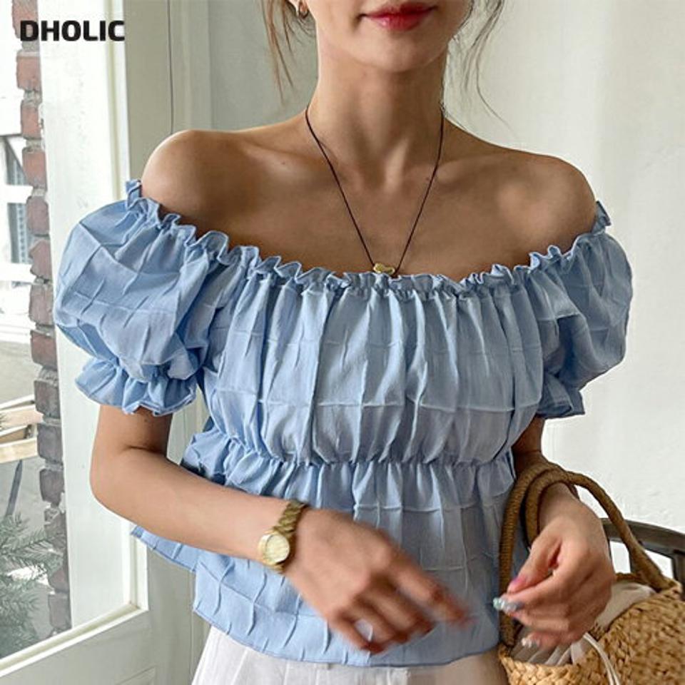 【4DAY限定SALE】2WAYエンボスペプラムブラウス・t72443 レディース 【bl】 韓国ファッション トップス ブラウス オフショルダー スクエアネック 半袖 パフスリーブ ペプラム エンボス クロップド 無地 キュート ガーリー 春 夏 カジュアル