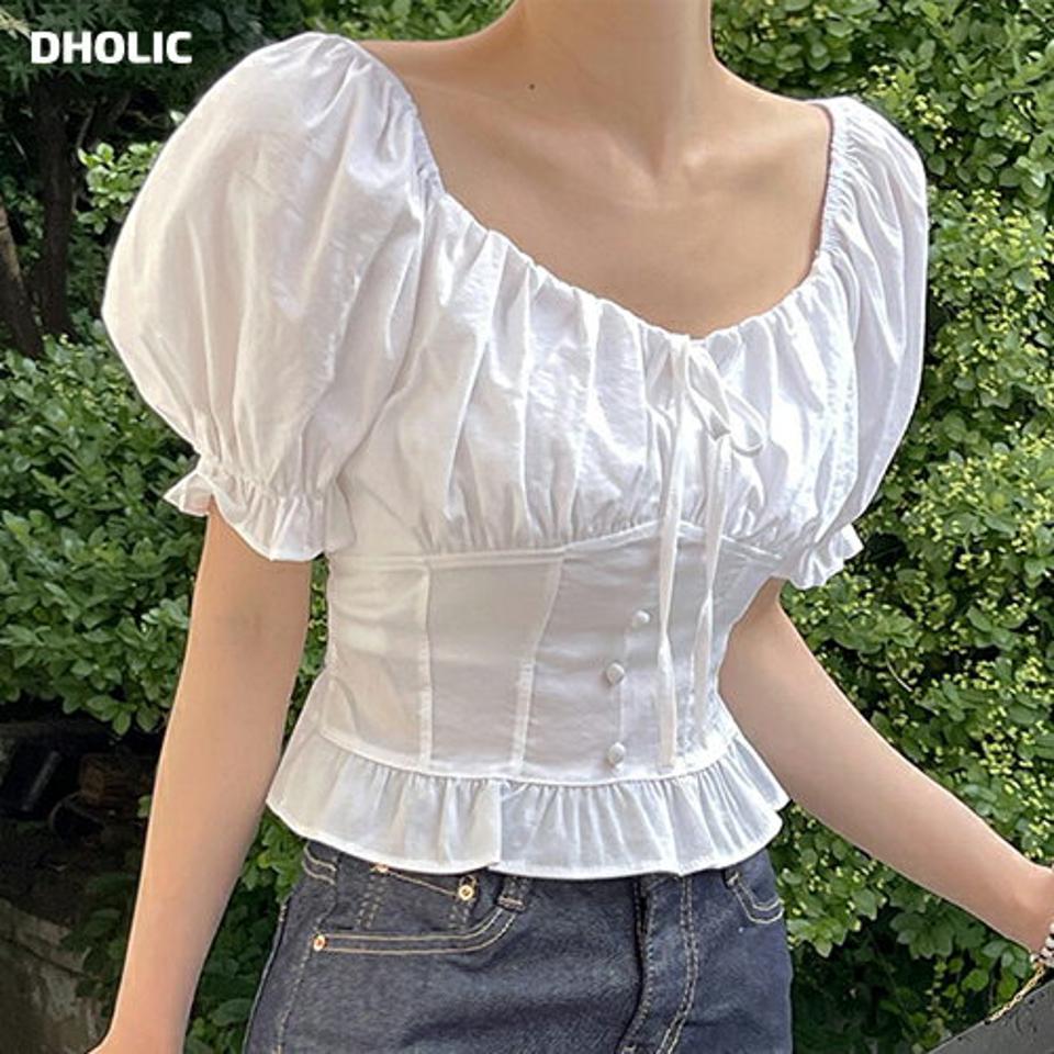 【20％OFF】2WAYリボンパフブラウス・t00759 レディース 【bl】 韓国ファッション トップス ブラウス スクエアネック オフショルダー 半袖 パフスリーブ クロップド リボン コルセット ギャザー 無地 ガーリー お出かけ 春 夏 カジュアル FTS セール