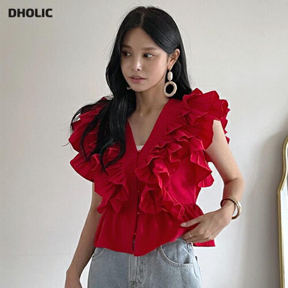 フリルVネックノースリーブ・b00879 レディース 【tops】 韓国ファッション トップス ブラウス Vネック ノースリーブ フリル クロップド ペプラム ボリューム くるみボタン 無地 カラフル上品 ガーリー 春 夏 カジュアル
