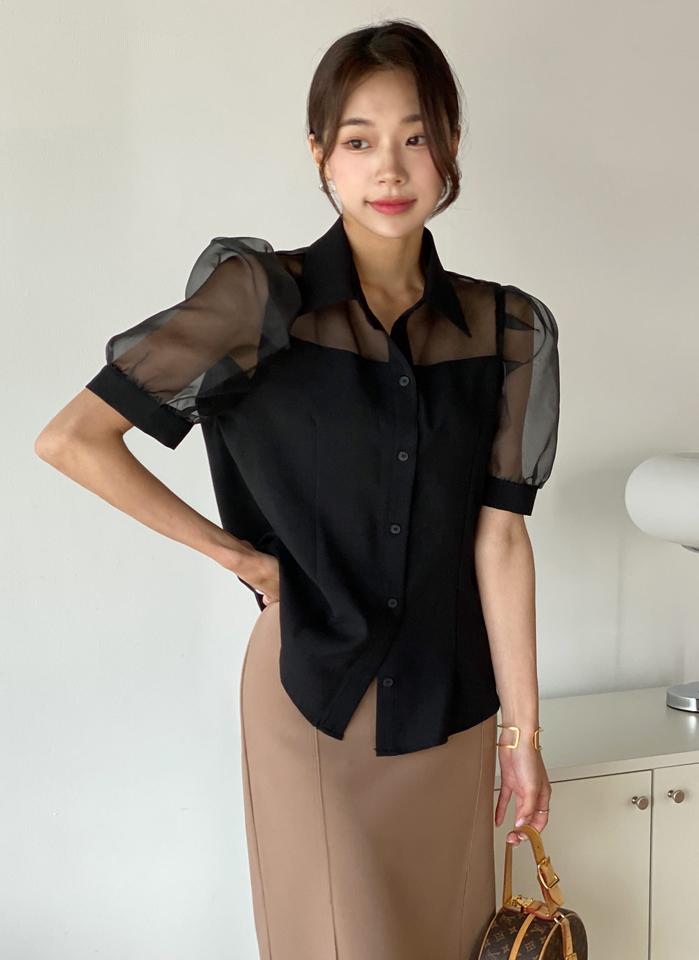 【4DAY限定SALE】オーガンジーパフカラーブラウス・b01396 レディース 【bl】 韓国ファッション トップス ブラウス カラーネック 半袖 パフスリーブ 股丈 ペプラム オーガンジー ボリューム フレアヘム 無地 モード モノトーン 上品 春 夏 カジュアル