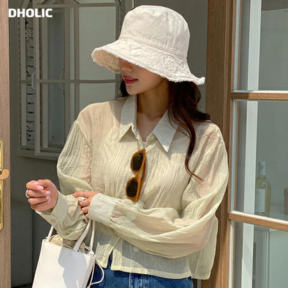シアークロップドルーズシャツ・t01397 レディース 【bl】 韓国ファッション トップス シャツ カラーネック 長袖 クロップド ショート耐え フロントボタン ルーズフィット シアー シースルー 無地 ガーリー デイリー 春 夏 カジュアル