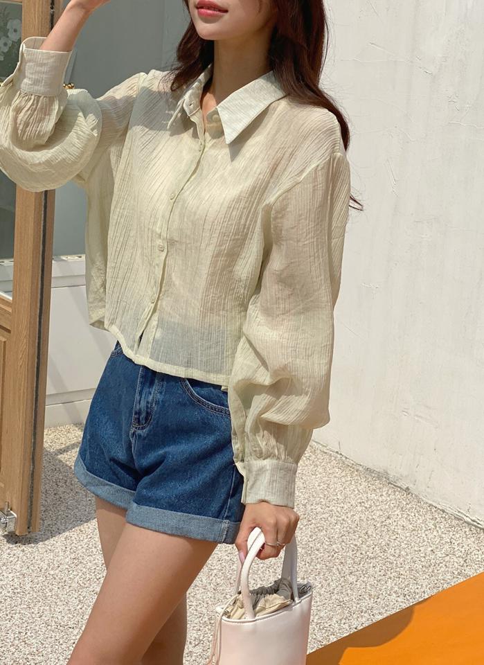 シアークロップドルーズシャツ・t01397 レディース 【bl】 韓国ファッション トップス シャツ カラーネック 長袖 クロップド ショート耐え フロントボタン ルーズフィット シアー シースルー 無地 ガーリー デイリー 春 夏 カジュアル