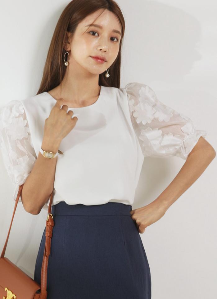 花柄シアースリーブブラウス・01044 レディース 【bl】 韓国ファッション トップス ブラウス ラウンドネック はんそで パフスリーブ シアースリーブ 花柄 ボリューム フラワー 無地 ガーリー お出かけ 春 夏 カジュアル