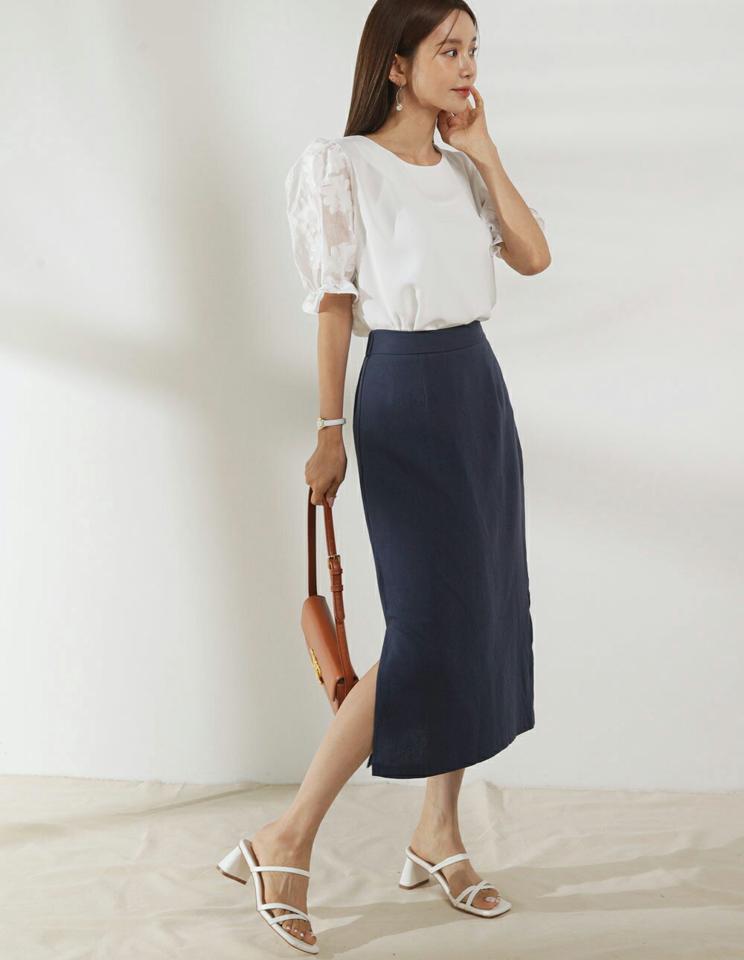 花柄シアースリーブブラウス・01044 レディース 【bl】 韓国ファッション トップス ブラウス ラウンドネック はんそで パフスリーブ シアースリーブ 花柄 ボリューム フラワー 無地 ガーリー お出かけ 春 夏 カジュアル