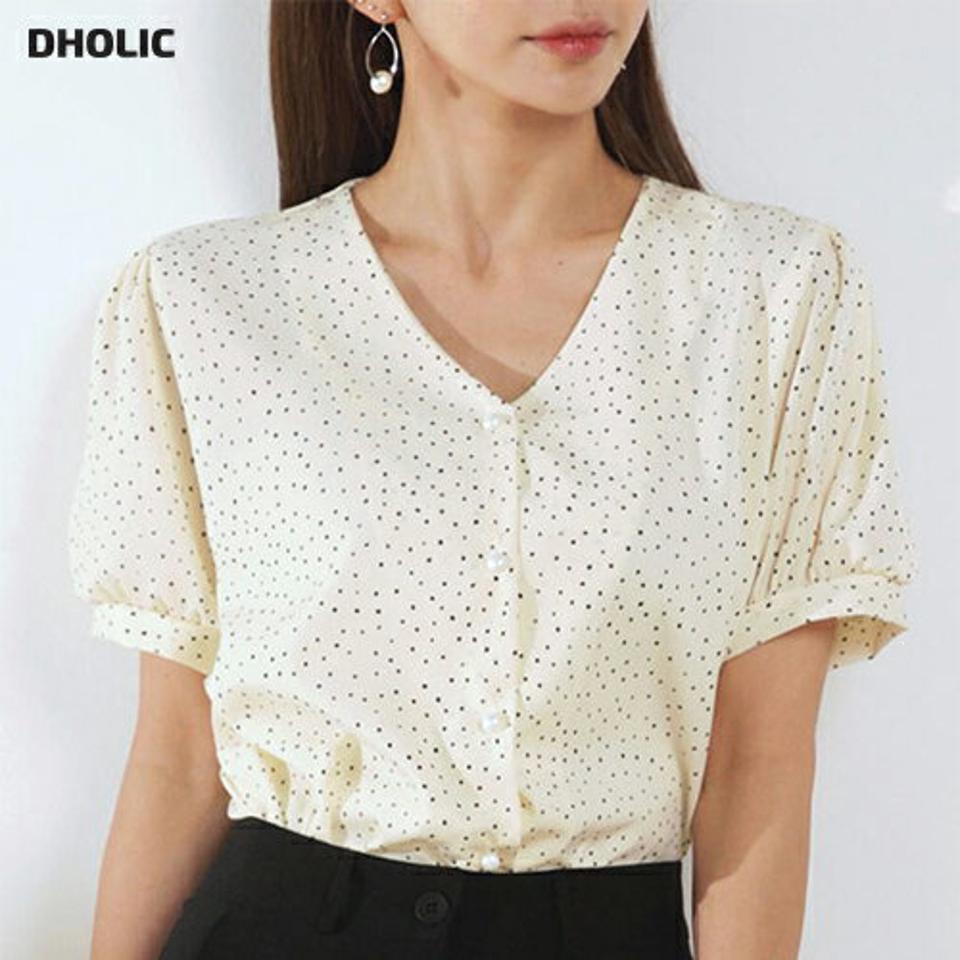 ≪人気商品再入荷≫ドットパフボタンブラウス・t01075 レディース 【bl】 韓国ファッション トップス ブラウス Vネック 半袖 パフスリーブ ショート丈 パール調ボタン ドット柄 ナチュラルライン ガーリー お出かけ ラブリー 春 夏 カジュアル