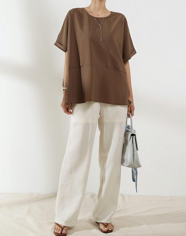 【4DAY限定SALE】ロールアップ半袖スリットブラウス・b01045 レディース 【bl】 韓国ファッション トップス ブラウス ラウンドネック 半袖 ドルマンスリーブ ロールアップ スリット ボクシー 体型カバー 無地 モード デイリー 春 夏 カジュアル