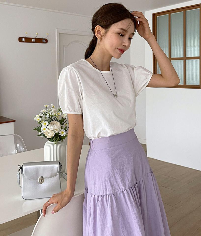 【マラソン特価】パステルバックリボンパフブラウス・b00954 レディース 【bl】 韓国ファッション トップス ブラウス ラウンドネック 半袖 パフスリーブ ショート丈 バックリボン ボリューム 無地 パステル ガーリー お出かけ シンプル 春 夏 カジュアル セール