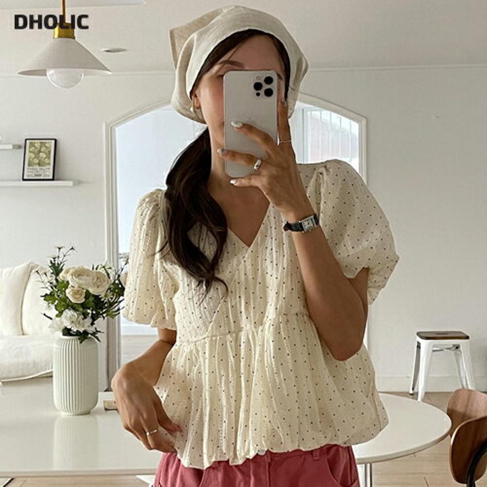 カシュクールバルーンドットブラウス・b00964 レディース 【bl】 韓国ファッション トップス ブラウス Vネック カシュクール 半袖 バルーンスリーブ ショート丈 ペプラム ドット柄 フレア ガーリー お出かけ キュート 春 夏 カジュアル