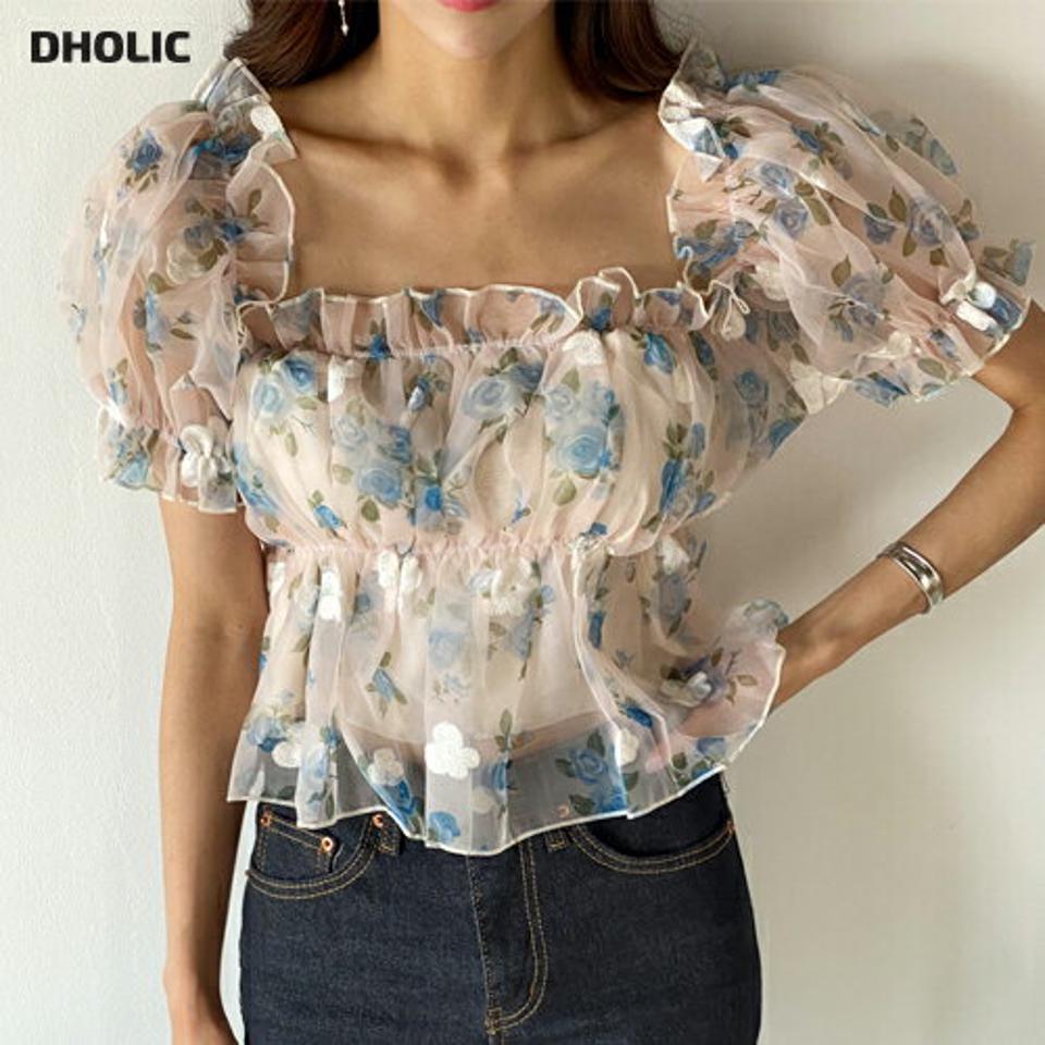 2WAY花柄刺繍ペプラムブラウス・t01390 レディース 【bl】 韓国ファッション トップス ブラウス スクエアネック 半袖 パフスリーブ クロップド ペプラム レース 花柄 刺? ボリューム オフショル フェミニン シアー 春 夏 カジュアル
