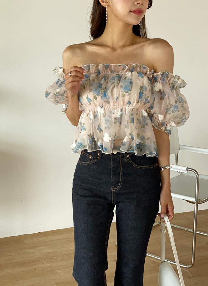 2WAY花柄刺繍ペプラムブラウス・t01390 レディース 【bl】 韓国ファッション トップス ブラウス スクエアネック 半袖 パフスリーブ クロップド ペプラム レース 花柄 刺? ボリューム オフショル フェミニン シアー 春 夏 カジュアル