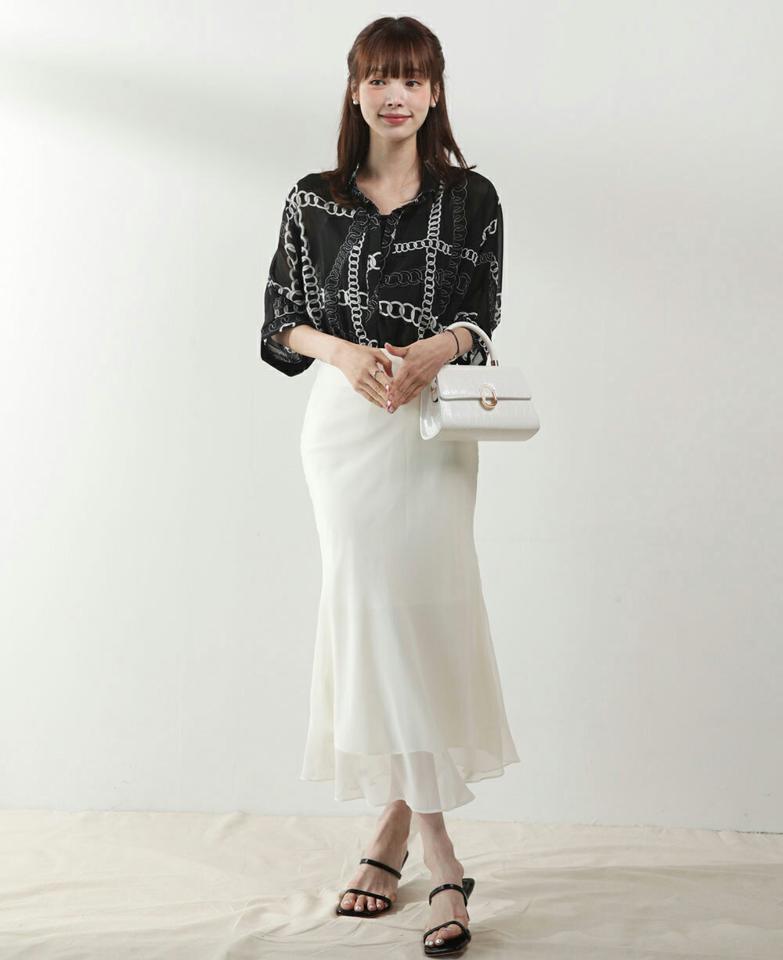 キャミ&チェーンブラウスSET・b01107 レディース 【tops】 韓国ファッション アンサンブル ブラウス カラーネック 半袖 5分袖 ミドル丈 チェーン パターン キャミソール スクエアネック ゆったり シアー 大人カジュアル デイリー 春 夏 カジュアル