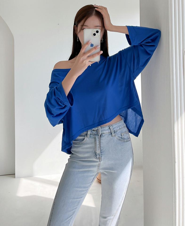 2WAYバックツイストTシャツ・p005919 レディース 【tops】 韓国ファッション トップス Tシャツ ラウンドネック ワンショル 長袖 バックツイスト ストラップ スリット ルーズフィット レーヨン 無地 カジュアル ユニーク 春 夏 MKT