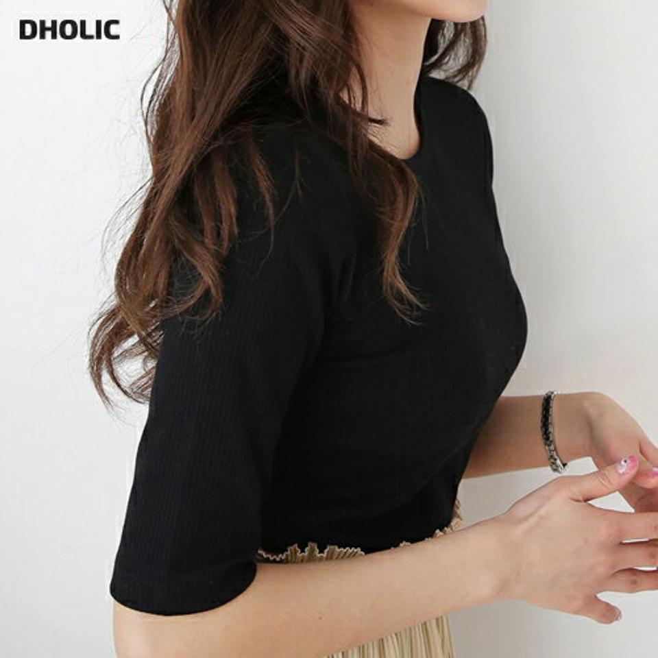 【送料無料・メール便】ハーフスリーブリブTシャツ・b01534 レディース 【tops】 韓国ファッション トップス ニット ラウンドネック 半袖 5分袖 ショート丈 リブ スリム 細身 コットン混 無地 モノトーン シンプル ベーシック デイリー 春 夏【UB3】
