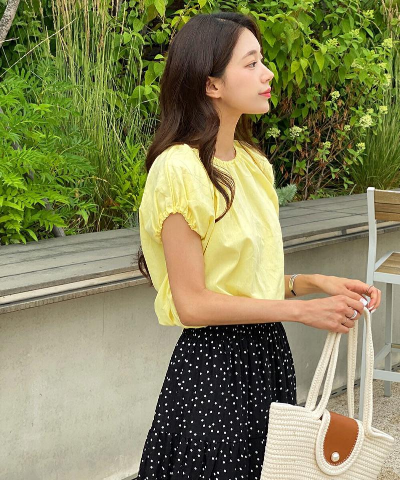 バックリボンフレンチブラウス・t01436 レディース 【bl】 韓国ファッション トップス ブラウス ラウンドネック 半袖 フレンチスリーブ バックリボン カットアウト ボリューム 無地 ガーリー パステル キュート お出かけ 春 夏