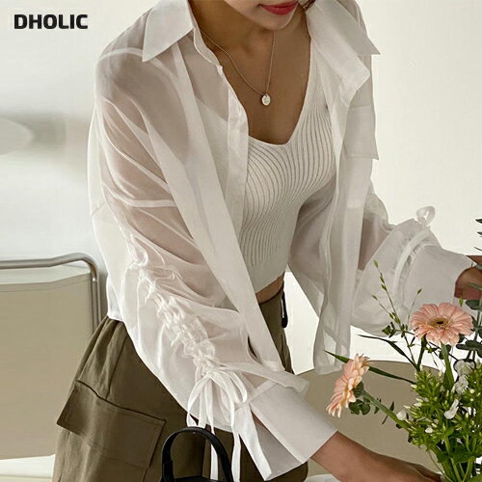 ニットキャミ&ストリングシャツSET・t01448 レディース 【tops】 韓国ファッション アンサンブル キャミソール ニット Vネック クロップド リブ タイト 細身 シャツ カラーネック 長袖 ストリング シアー 無地 ユニーク ガーリー 春 夏