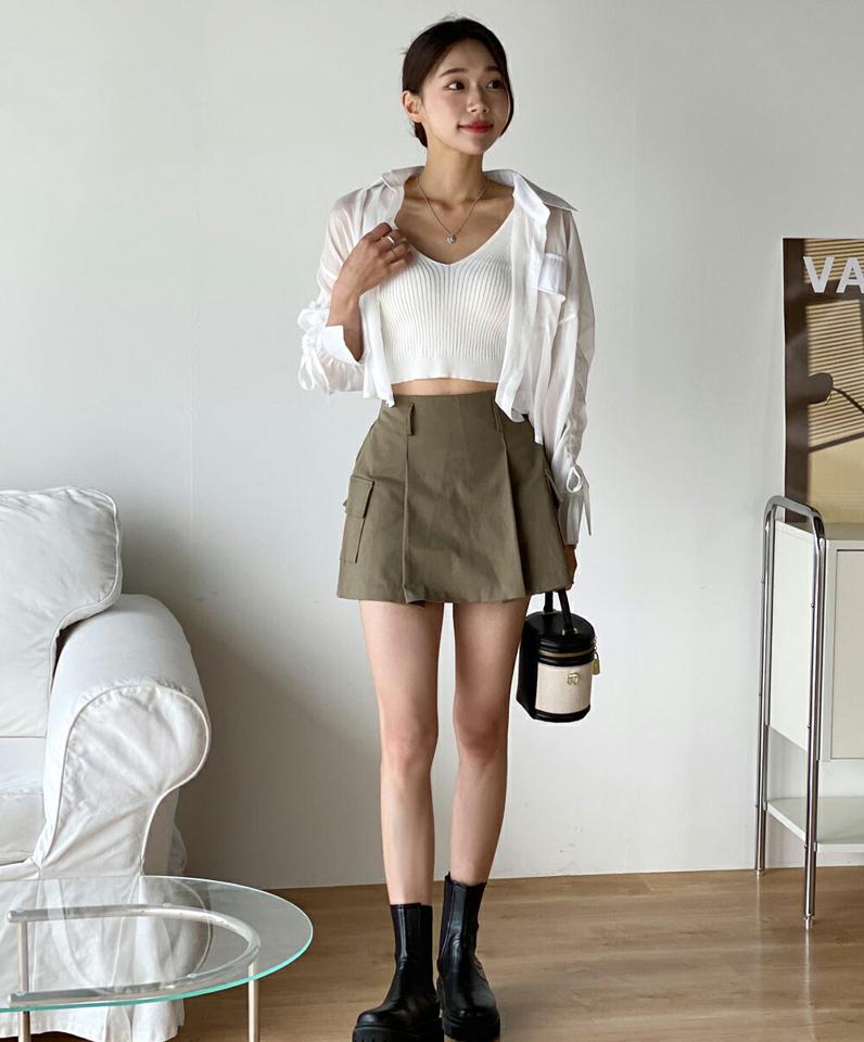 ニットキャミ&ストリングシャツSET・t01448 レディース 【tops】 韓国ファッション アンサンブル キャミソール ニット Vネック クロップド リブ タイト 細身 シャツ カラーネック 長袖 ストリング シアー 無地 ユニーク ガーリー 春 夏