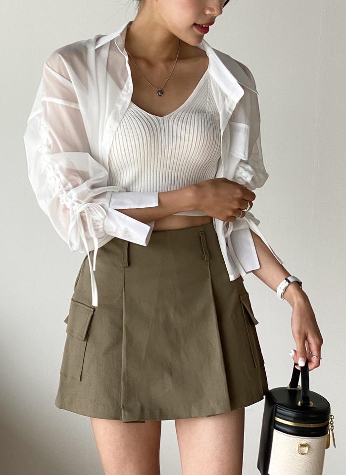 ニットキャミ&ストリングシャツSET・t01448 レディース 【tops】 韓国ファッション アンサンブル キャミソール ニット Vネック クロップド リブ タイト 細身 シャツ カラーネック 長袖 ストリング シアー 無地 ユニーク ガーリー 春 夏