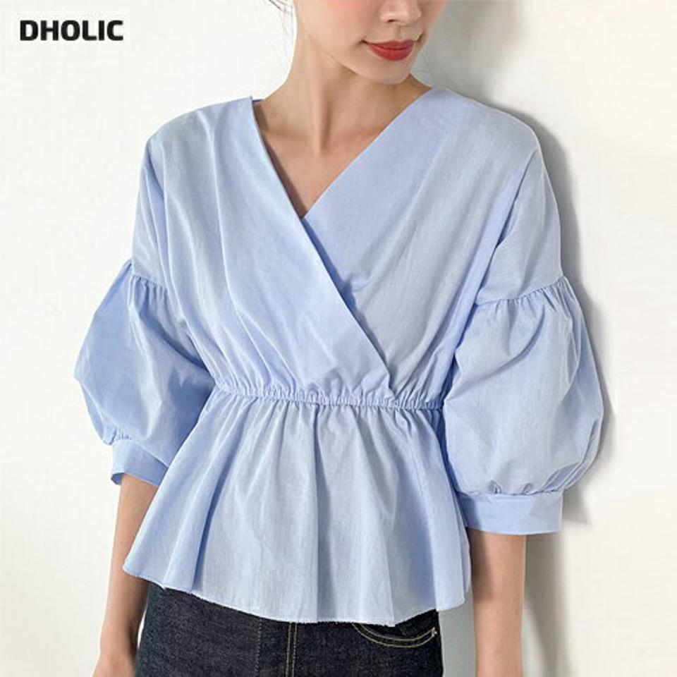 カシュクールバルーンペプラムブラウス・t00958 レディース 【bl】 韓国ファッション トップス ブラウス カシュクール 半袖 バルーンスリーブ ドロップショルダー クロップド ペプラム ウエストゴム コットン ボリューム 無地 キュート 春 夏