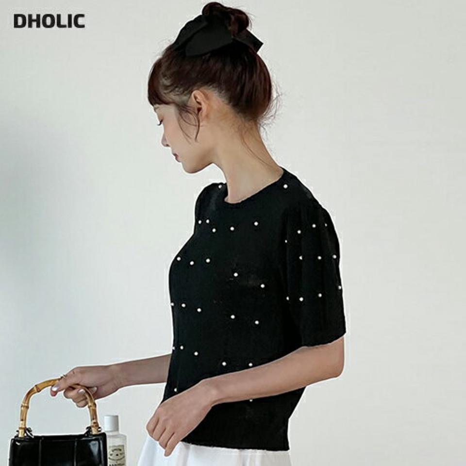 フェイクパールラウンドパフニット・t00966 レディース 【tops】 韓国ファッション トップス ニット ラウンドネック 半袖 クロップド ショート丈 フェイクパール スリムフィット 細身 無地 ガーリー カラバリ お出かけ キュート 春 夏
