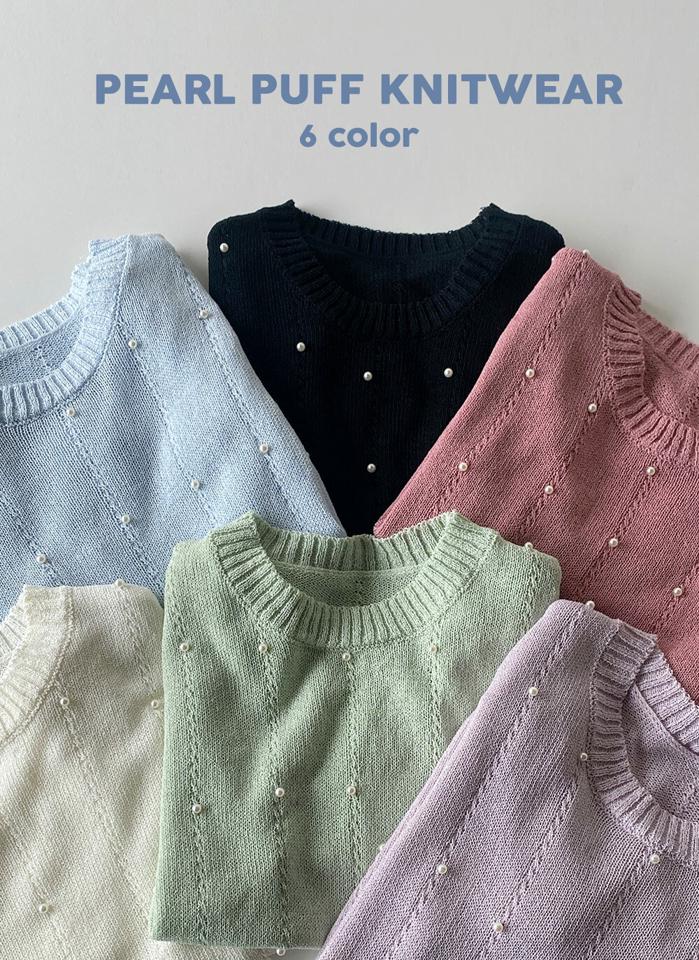 フェイクパールラウンドパフニット・t00966 レディース 【tops】 韓国ファッション トップス ニット ラウンドネック 半袖 クロップド ショート丈 フェイクパール スリムフィット 細身 無地 ガーリー カラバリ お出かけ キュート 春 夏