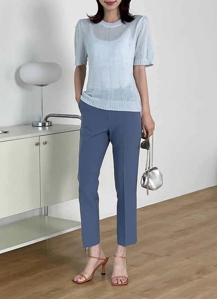 フェイクパールラウンドパフニット・t00966 レディース 【tops】 韓国ファッション トップス ニット ラウンドネック 半袖 クロップド ショート丈 フェイクパール スリムフィット 細身 無地 ガーリー カラバリ お出かけ キュート 春 夏