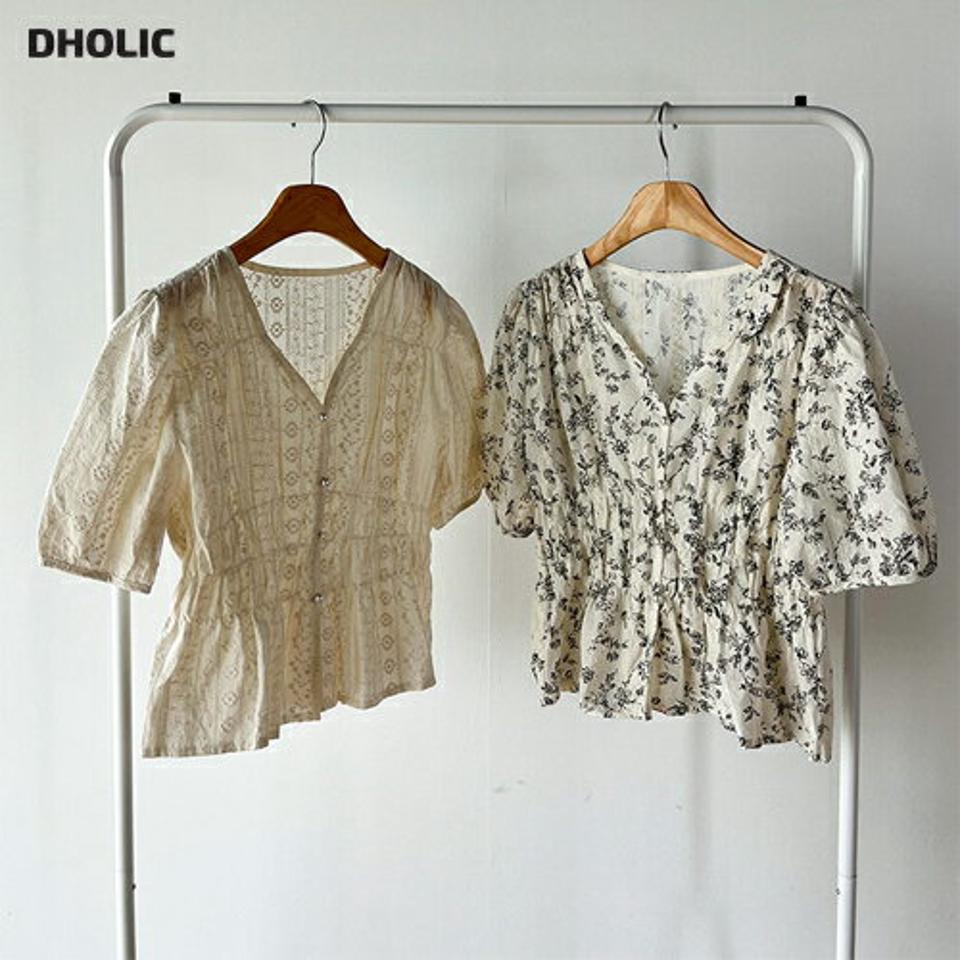 2TYPE刺繍シャーリングブラウス・b01164 レディース 【bl】 韓国ファッション トップス ブラウス Vネック 半袖 パフスリーブ ペプラム 2TYPE 花柄 無地 シャーリング ウエストゴム シアー レース コットン ガーリー お出かけ 春 夏