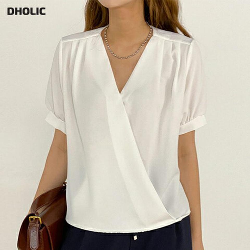 カシュクールVネック半袖ブラウス・t01158 レディース 【bl】 韓国ファッション トップス ブラウス カシュクール 半袖 ショルダータック 股丈 ショート丈 ナチュラルライン 無地 パステル オフィスカジュアル モード お出かけ 春 夏