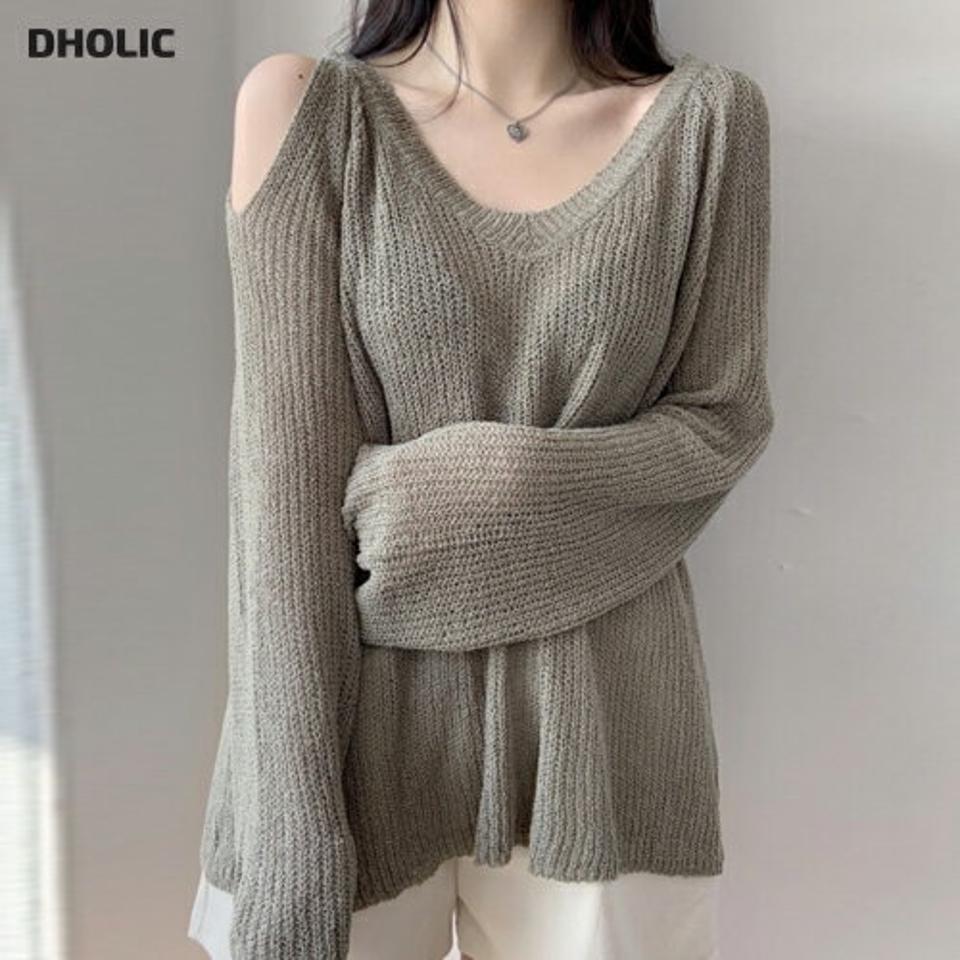 Vネックオープンショルダーニット・p006007 レディース 【tops】 韓国ファッション トップス ニット Vネック オープンショルダー 長袖 ミドル丈 リブ ルーズフィット ゆったり アクリル 無地 フェミニン お出かけ カラバリ 春 夏 MKT