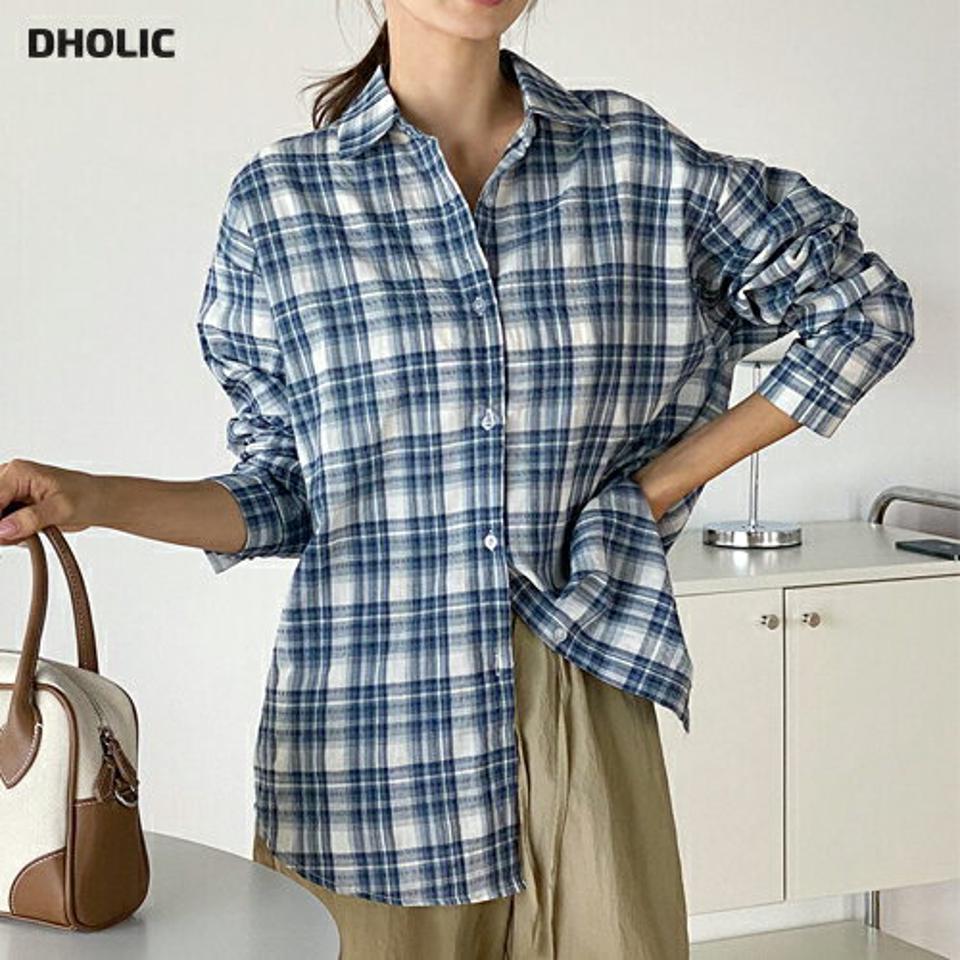 【4DAY限定SALE】ルーズチェックシャツ・r01496 レディース 【bl】 韓国ファッション トップス シャツ カラーネック 長袖 ミドル丈 チェック柄 パターン ルーズフィット ゆったり 薄手 コットン カラフル シンプル デイリー 春 夏