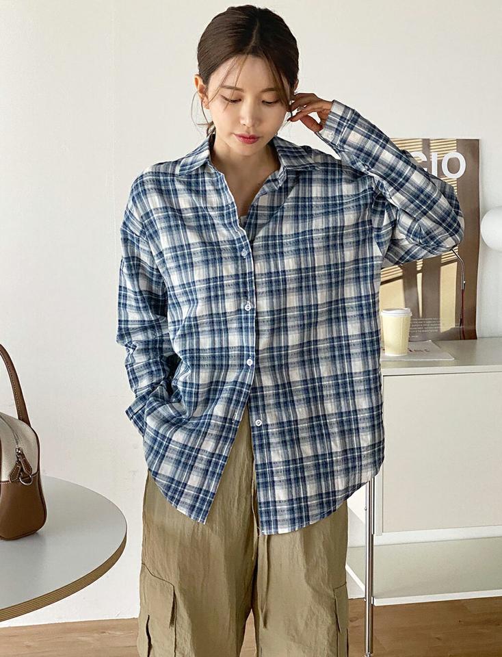 【4DAY限定SALE】ルーズチェックシャツ・r01496 レディース 【bl】 韓国ファッション トップス シャツ カラーネック 長袖 ミドル丈 チェック柄 パターン ルーズフィット ゆったり 薄手 コットン カラフル シンプル デイリー 春 夏