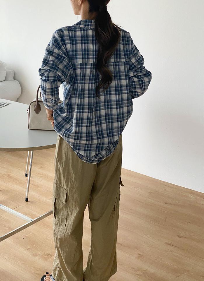 【4DAY限定SALE】ルーズチェックシャツ・r01496 レディース 【bl】 韓国ファッション トップス シャツ カラーネック 長袖 ミドル丈 チェック柄 パターン ルーズフィット ゆったり 薄手 コットン カラフル シンプル デイリー 春 夏
