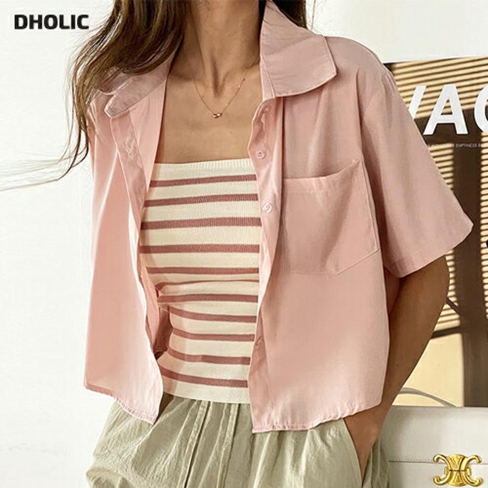 【4DAY限定SALE】ボーダーキャミ&半袖シャツSET・r01504 レディース 【tops】 韓国ファッション アンサンブル トップス キャミソール スクエアネック クロップド ボーダー シャツ カラーネック 半袖 ポケット ボクシー 無地 パステル カジュアル セット 春 夏