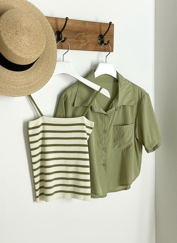 【4DAY限定SALE】ボーダーキャミ&半袖シャツSET・r01504 レディース 【tops】 韓国ファッション アンサンブル トップス キャミソール スクエアネック クロップド ボーダー シャツ カラーネック 半袖 ポケット ボクシー 無地 パステル カジュアル セット 春 夏