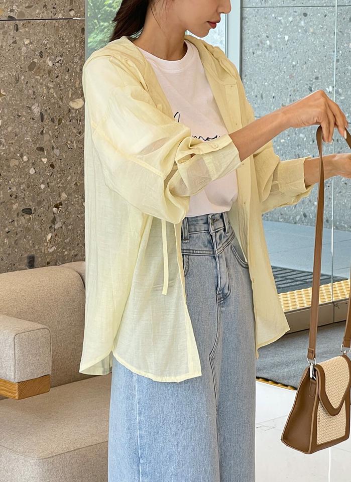 ストリング付フードシアーシャツ・b01539 レディース 【bl】 韓国ファッション トップス シャツ フード 長袖 ドロップショルダー ミドル丈 ラウンドヘム ルーズフィット ゆったり シアー 透け感 コットン混 無地 キュート カジュアル 春 夏