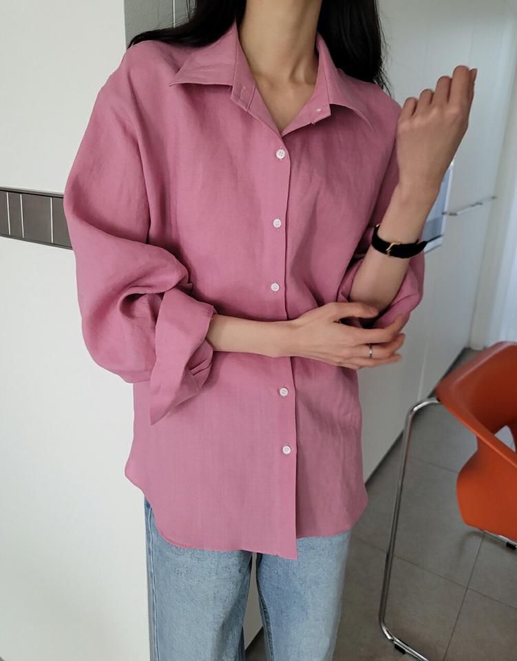 リネンラウンドヘムルーズシャツ・p005934 レディース 【bl】 韓国ファッション トップス シャツ カラーネック 長袖 ミドル丈 フロントボタン ラウンドヘム ルーズフィット ゆったり リネン 無地 カラフル シンプル カジュアル 春 夏 MKT