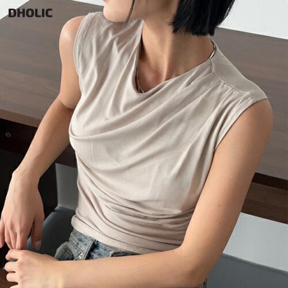 ラウンドドレープノースリーブ・p005976 レディース 【tops】 韓国ファッション トップス ラウンドネック ショルダータック ノースリーブ クロップド ショート丈 タック ドレープ ナチュラルライン 無地 モード シンプル 春 夏 MKT