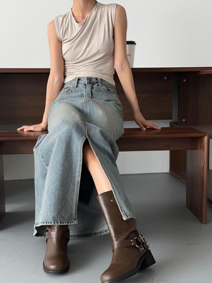 ラウンドドレープノースリーブ・p005976 レディース 【tops】 韓国ファッション トップス ラウンドネック ショルダータック ノースリーブ クロップド ショート丈 タック ドレープ ナチュラルライン 無地 モード シンプル 春 夏 MKT