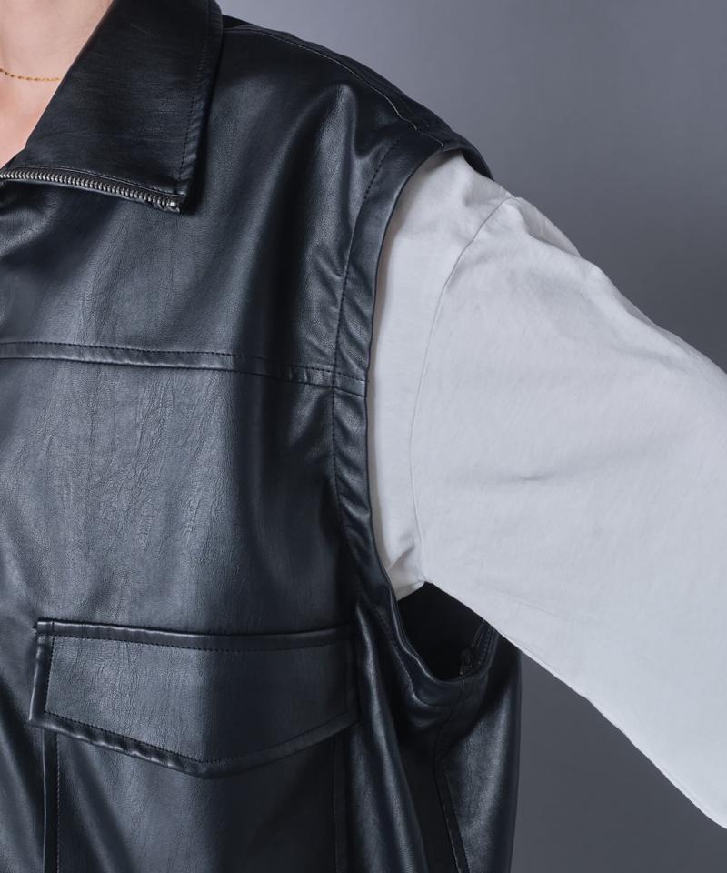 【袖取り外し可能/ユニセックス】フェイクレザー2WAYスタンドブルゾン