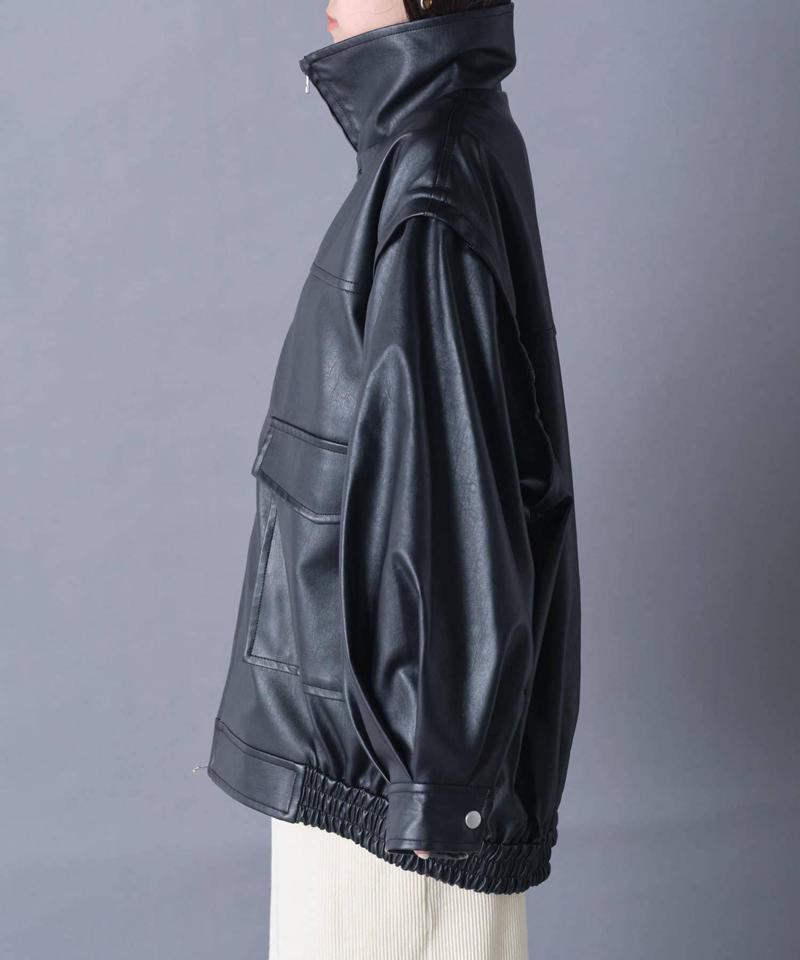 【袖取り外し可能/ユニセックス】フェイクレザー2WAYスタンドブルゾン