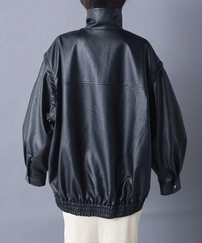 【袖取り外し可能/ユニセックス】フェイクレザー2WAYスタンドブルゾン