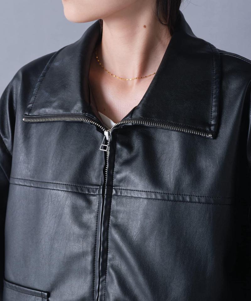【袖取り外し可能/ユニセックス】フェイクレザー2WAYスタンドブルゾン