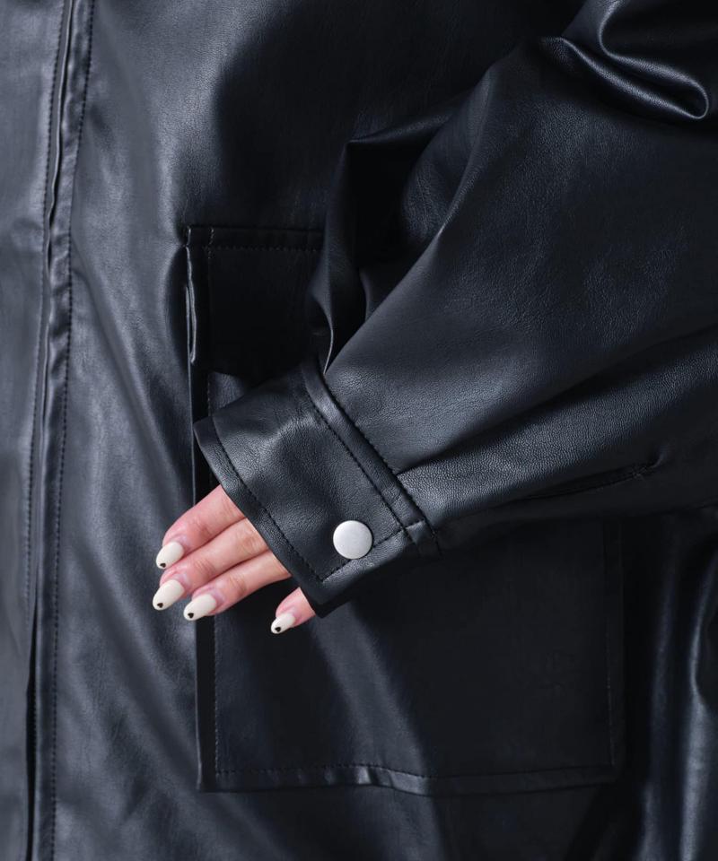 【袖取り外し可能/ユニセックス】フェイクレザー2WAYスタンドブルゾン