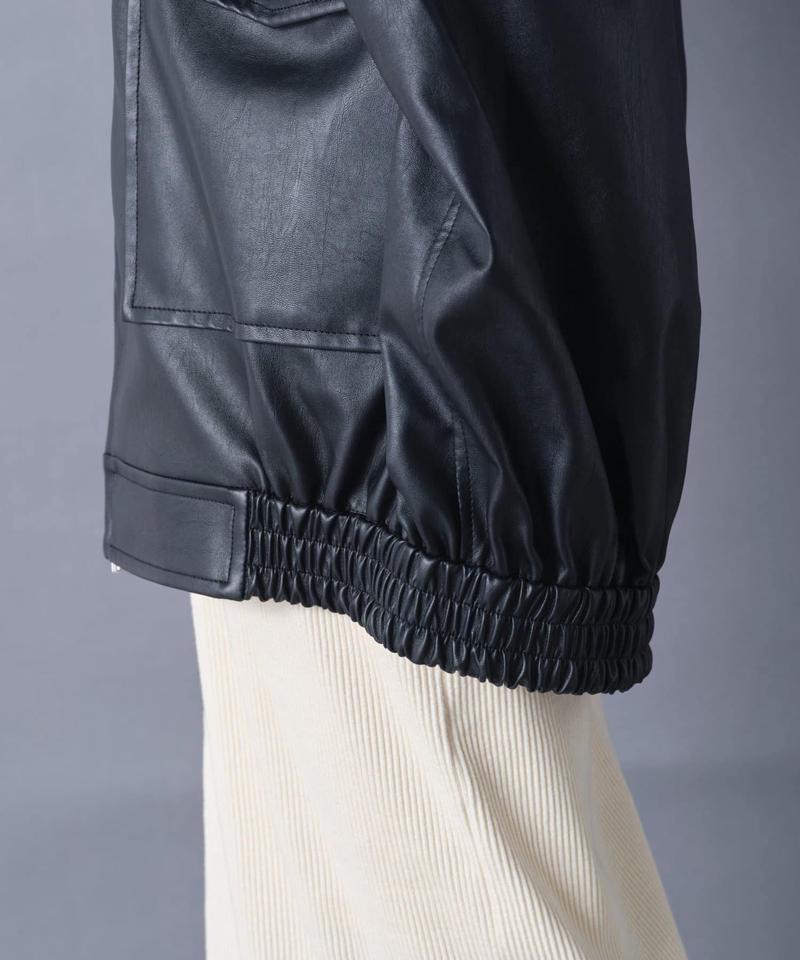 【袖取り外し可能/ユニセックス】フェイクレザー2WAYスタンドブルゾン