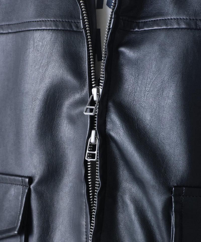 【袖取り外し可能/ユニセックス】フェイクレザー2WAYスタンドブルゾン