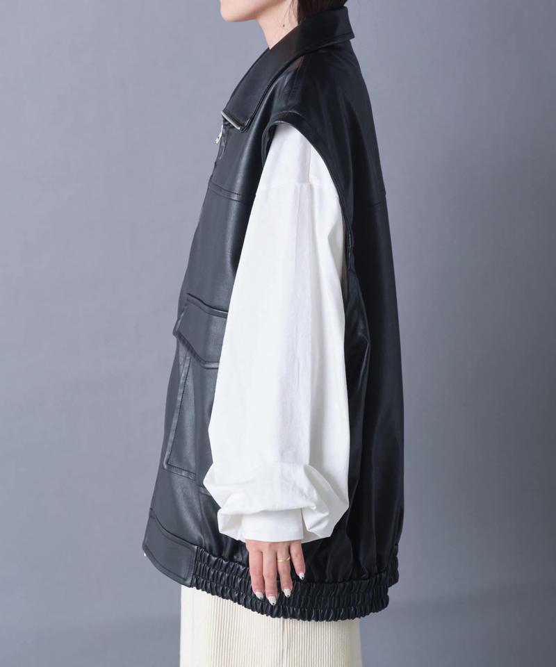 【袖取り外し可能/ユニセックス】フェイクレザー2WAYスタンドブルゾン