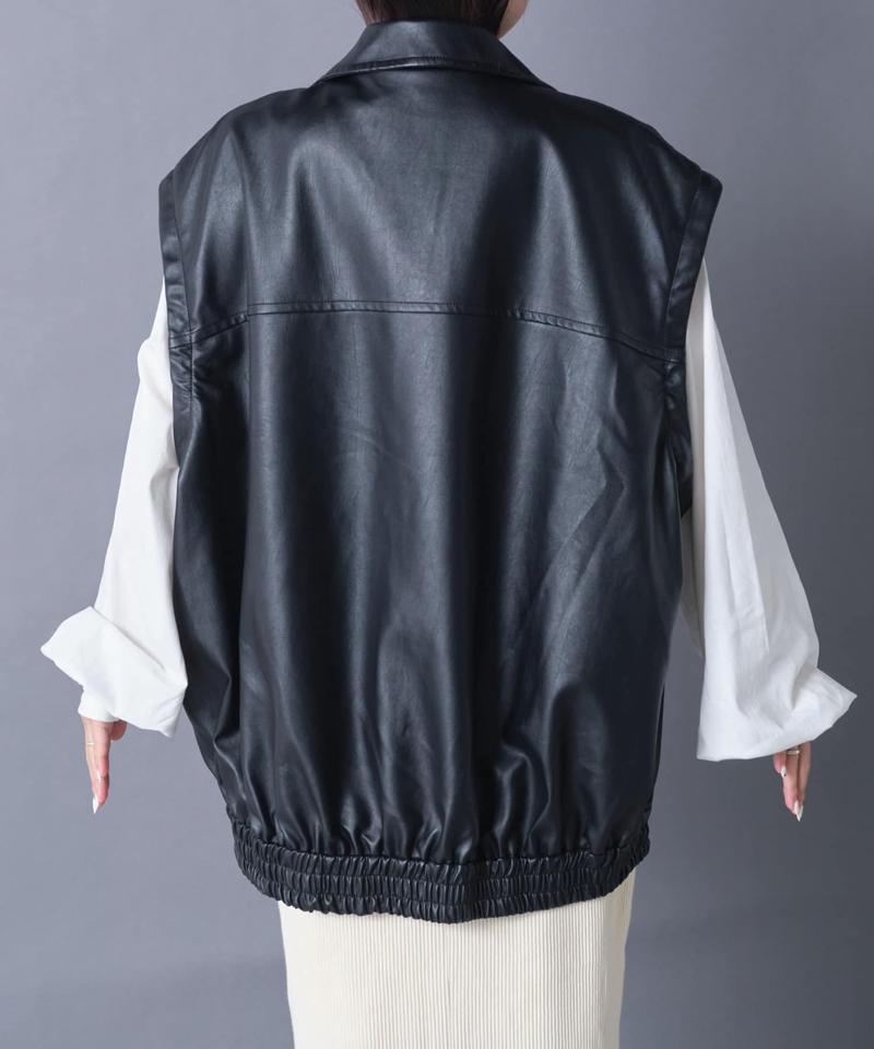 【袖取り外し可能/ユニセックス】フェイクレザー2WAYスタンドブルゾン