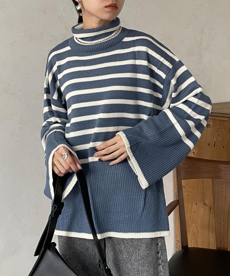 ボーダーBIGタートルニットプルオーバー