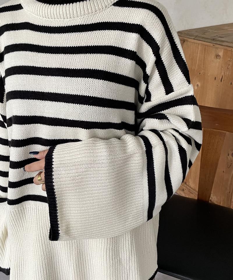 ボーダーBIGタートルニットプルオーバー