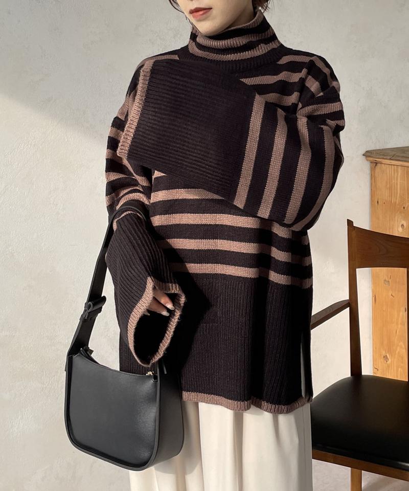 ボーダーBIGタートルニットプルオーバー