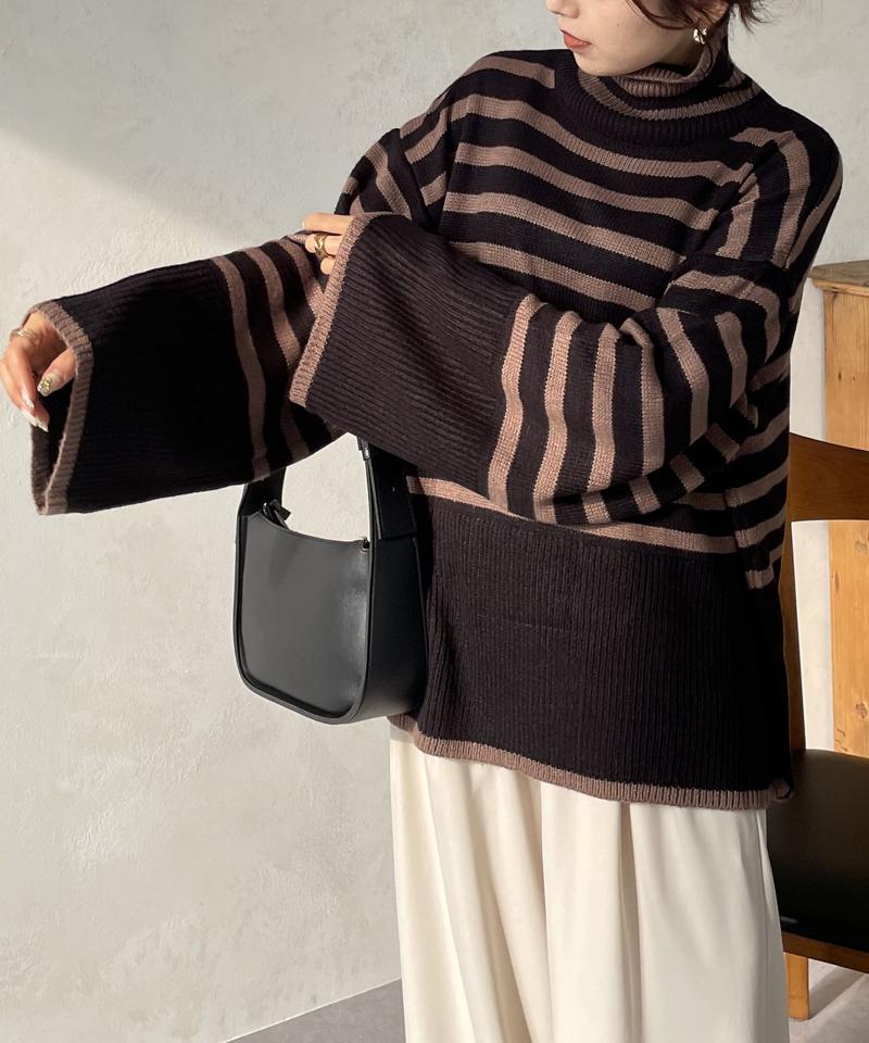 ボーダーBIGタートルニットプルオーバー